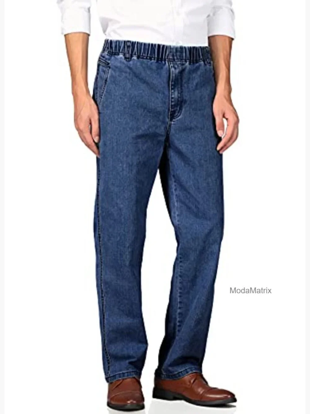Mens Casual Loose Fit Elastic Waist Jeans Denim Pants Straight Leg